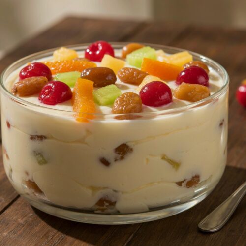 Pudim de claras com frutas cristalizadas e sultanas