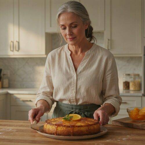 Bolo de Polenta com calda de laranja