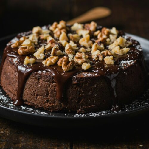 Pudim de Chocolate com cobertura de chocolate e nozes